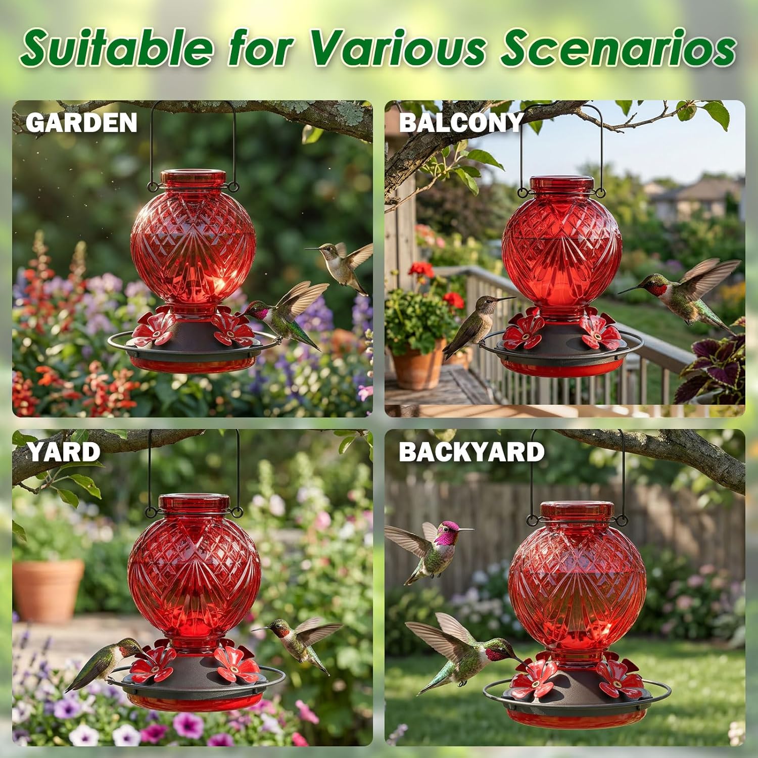 20oz Glass Hummingbird Feeder for Outdoor with Anti-Bee Ports, Red | Attract More Hummingbirds, Durable Glass, Leak-Proof, Easy To Clean, Built In Ant Moat, Bird Lover Gift, Hanging Garden Decor