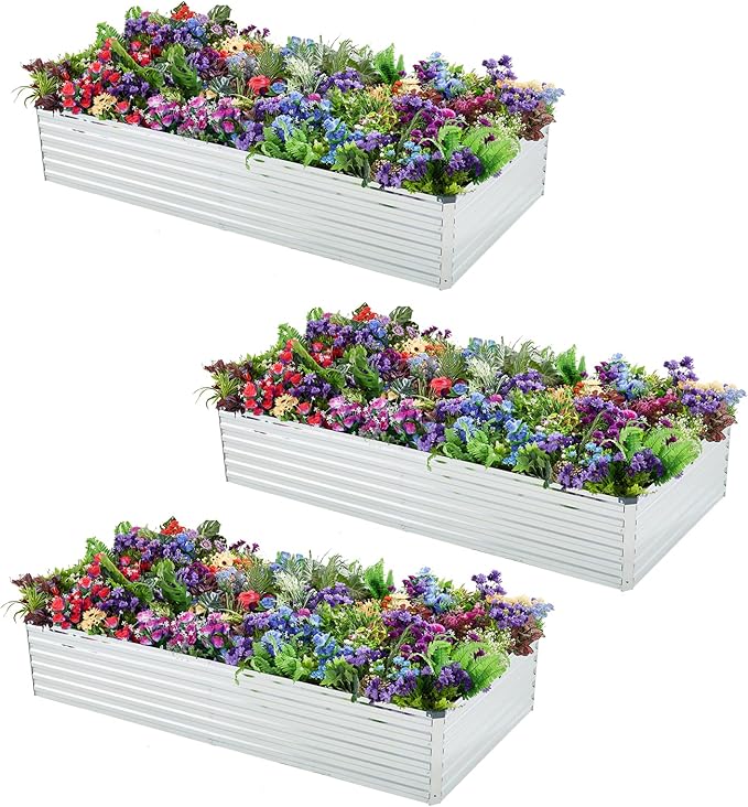 3 Pack 6x3x1FT Galvanized Raised Garden Bed Kit, Outdoor Metal Planter Box for Vegetables, Bottomless Rectangular Gardening Bed with Support Rods, Tool-Free Assembly, Silver