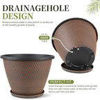 16 inch Plant Pots, Large Planters for Outdoor Plants Set of 4, Round Plastic Flower Pots with Drainage Holes & Trays, Modern Decorative Indoor Garden Pot, Plant Container for House (Black Copper)