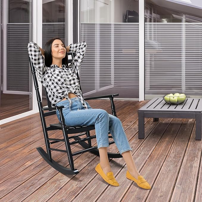 VINGLI Wooden Rocking Chair, Outdoor Chair with 450 lbs Support, Relaxing Rocker with Solid Wood High Back Seat Reclining Seat for Deck, Garden, Backyard, Porch, Indoor or Outdoor Use (Black, 1PC)