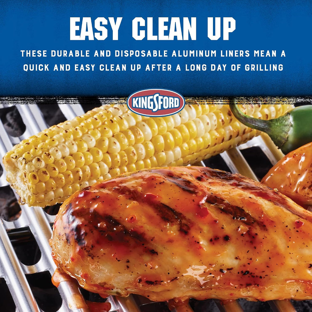 Kingsford Heavy Duty Disposable Grill Liners, 16 x 11.75 Inch, 14 Count | Aluminum foil design, prevents food and sauce from falling through grates, for outdoor BBQ grills daily