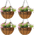 Outdoor Metal Hanging Planters Basket (4pack, 12 inch) Hanging Baskets for Plants Chain Round Wire Plant Holder with Coco Fiber Liners for Garden, Patio, Deck, Porch(Flower Border)