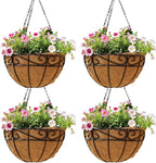 Outdoor Metal Hanging Planters Basket (4pack, 12 inch) Hanging Baskets for Plants Chain Round Wire Plant Holder with Coco Fiber Liners for Garden, Patio, Deck, Porch(Flower Border)