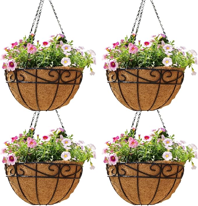 Outdoor Metal Hanging Planters Basket (4pack, 12 inch) Hanging Baskets for Plants Chain Round Wire Plant Holder with Coco Fiber Liners for Garden, Patio, Deck, Porch(Flower Border)