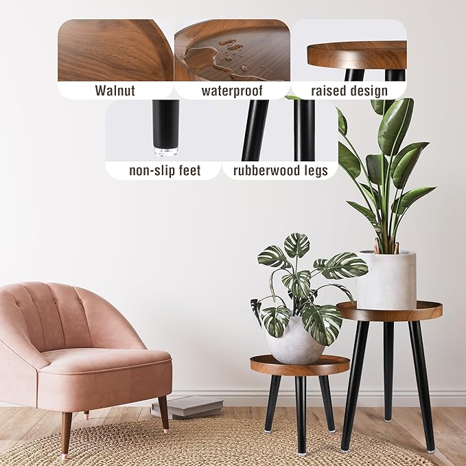 Indoor Plant Stand,Wood Mid Century Plant Table in Walnut Finish,Tall Plant Stand for Flower Pot,Modern Round Small Side End Table with Raised Design (Walnut, 12"x18")