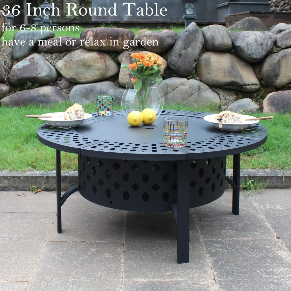 outvue 36 inch fire pit with 2 grills,wood, close-up detail