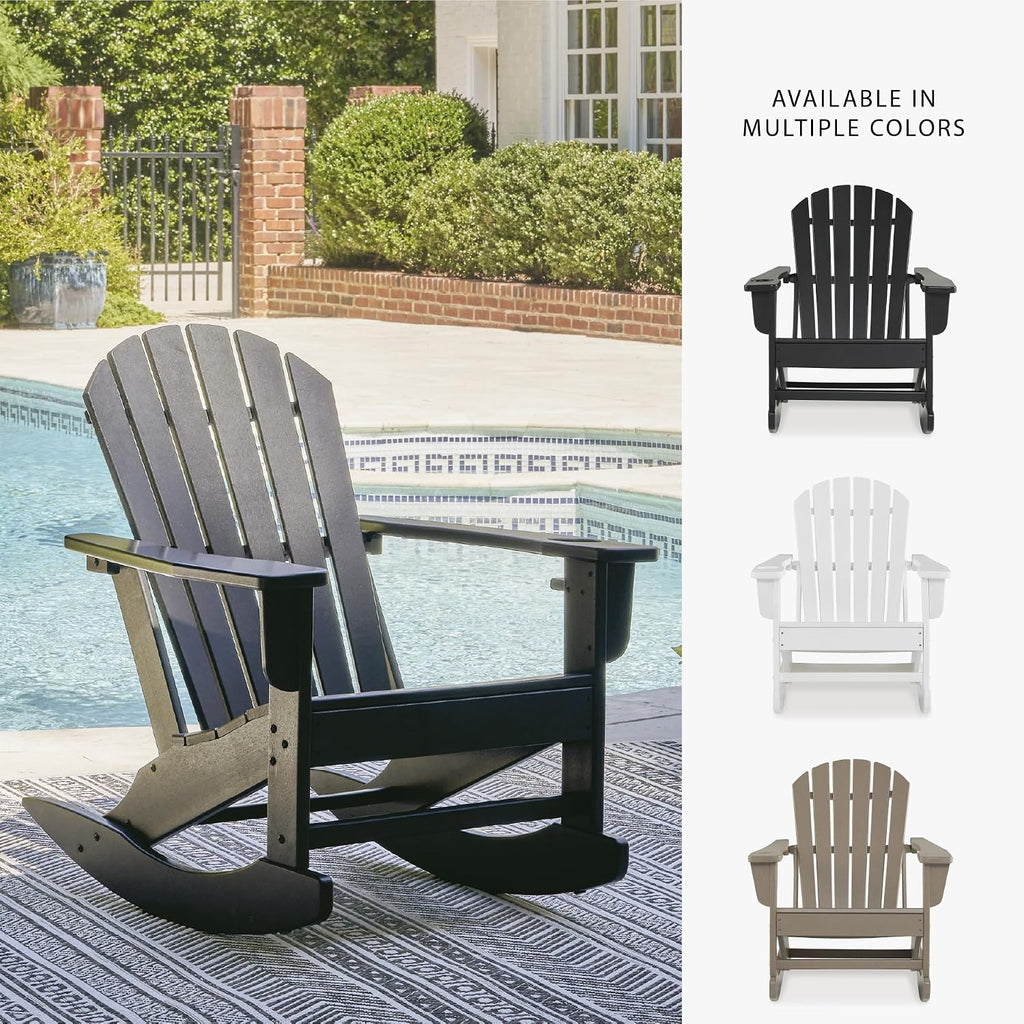 Signature Design by Ashley Adirondack Patio Rocking Chair, Black | All-weather HDPE rocking chair, Durable weather resistant material, 250 lb capacity, Built-in cup holder, Sundown Treasure