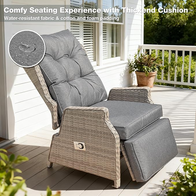 Outdoor Recliner with Adjustable Back and Footrest, Patio 150° Lay Flat Recliner with Flip Table Wicker Reclining Lounge Chair, Grey with Beige Wicker