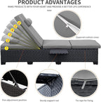 WAROOM Outdoor Chaise Lounge Chairs for Outside Patio Furniture Set of 2 Wicker Recliner Black Rattan Sunbathing Lounger Adjustable Backrest Pool Reclining Chair, Grey Cushion