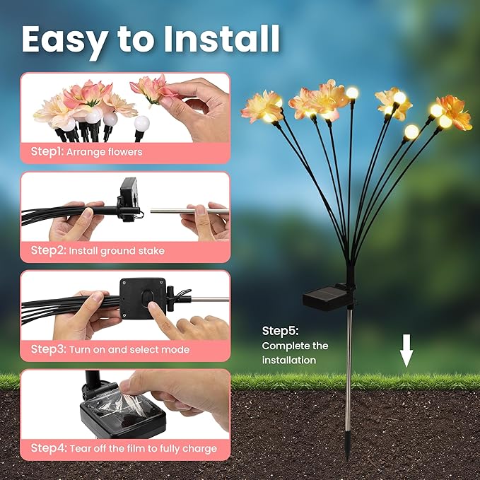 Solar Garden Lights, Warm White LED Swaying Solar Flowers Light for Outside, Waterproof Garden Decor, Outdoor Decorative Lights Yard, Patio, Pathway Decoration Gardening Gifts (8 Pack)