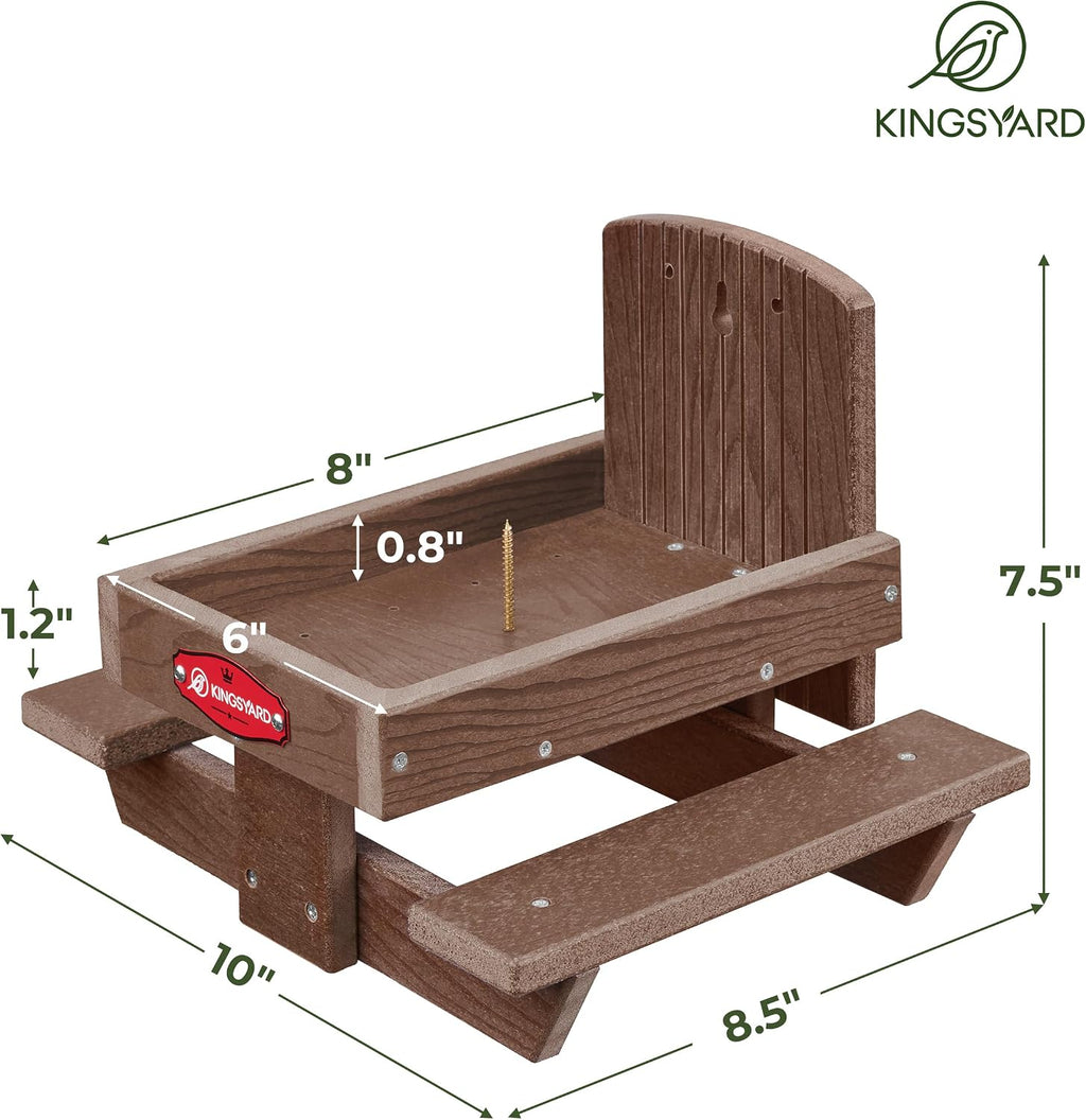 Kingsyard Squirrel Feeder Table for Outside, Recycled Plastic Squirrel & Chipmunk Picnic Table Feeder with Corn Cob Holder, 2 x Solid Structure Benches, Easy to Clean (Brown) | WPC Composite Squirrel & Chipmunk Picnic Table Feeder with Corn Cob Holder, 2