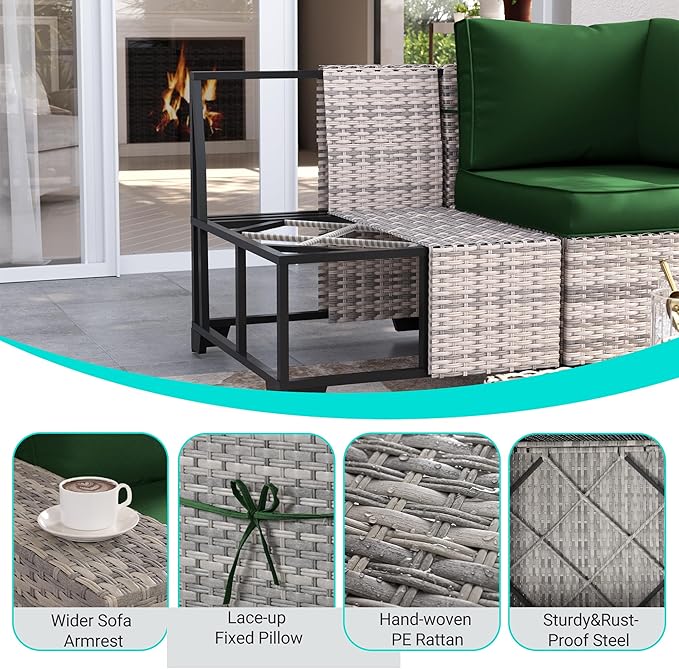 15-Piece Outdoor Patio Furniture Set with Rocking Swivel Chair Wicker Sectional Sofa Set, Patio Conversation Set with Thickened Cushions & Coffee Table for Garden, Backyard, Poolside, Green