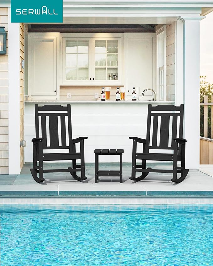 SERWALL Outdoor Rocking Chair Set of 6, Patio Rocking Chair Sets, HDPE Rocking Chair for Adults, Black