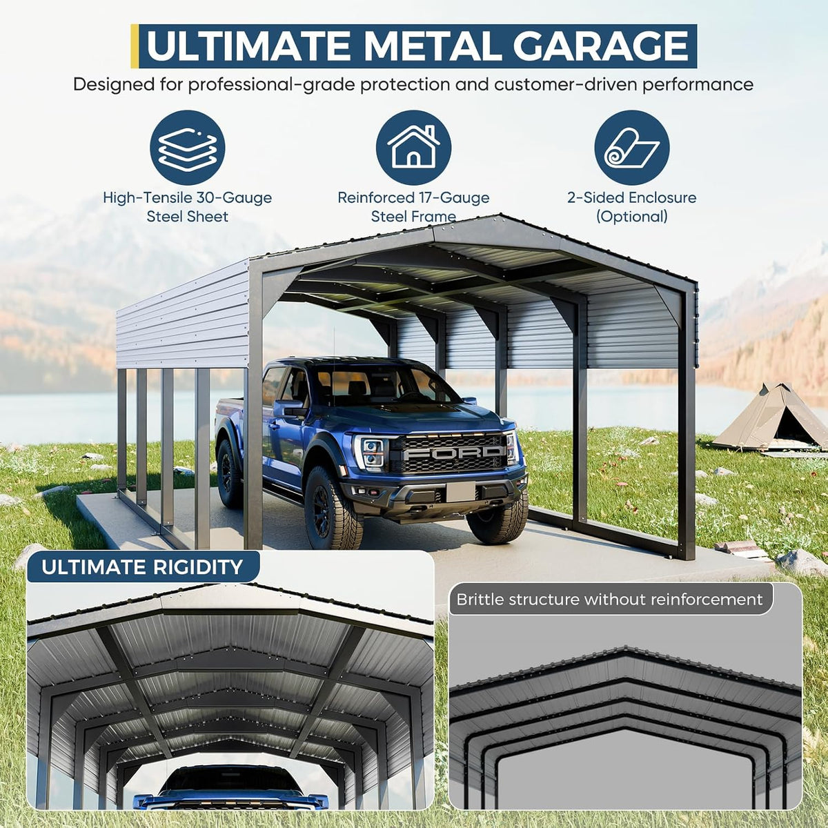 military-grade metal carport 12x20 ft, heavy- duty galvanized, side view