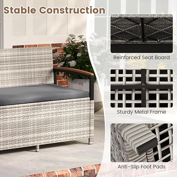 Tangkula 46 Gallon Outdoor Bench with Storage, Outdoor PE Rattan Storage Bench with Cushion, Backrest & Acacia Wood Armrests, Metal Frame, Waterproof Deck Box Seat for Porch Backyard Poolside