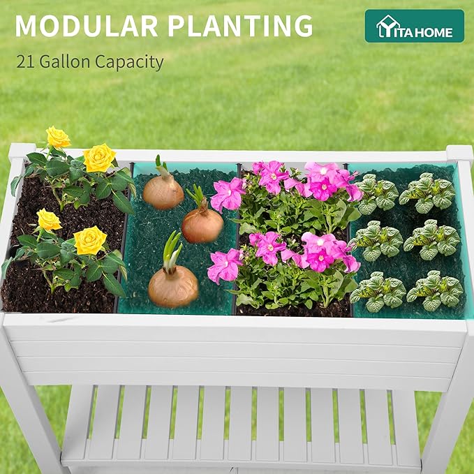 YITAHOME 43.3x17.7x34 in Elevated Garden Bed 2pcs, Outdoor Plastic Planter Box with Wheels, Legs, Drain Plug, and Storage Shelf for Plants, Vegetables, Flowers, Herbs, Grayish-White