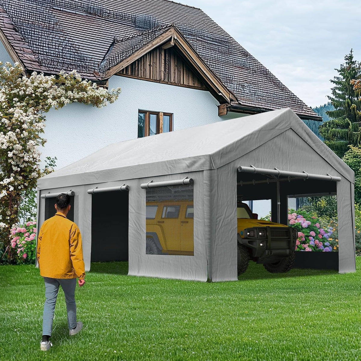 quictent 10x20 ft carports with side zipper doors on a desk or shelf