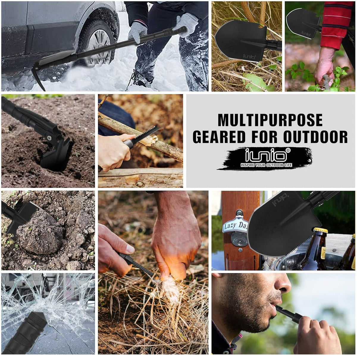 iunio folding camping shovel 31in, heavy-duty carbon steel, package contents