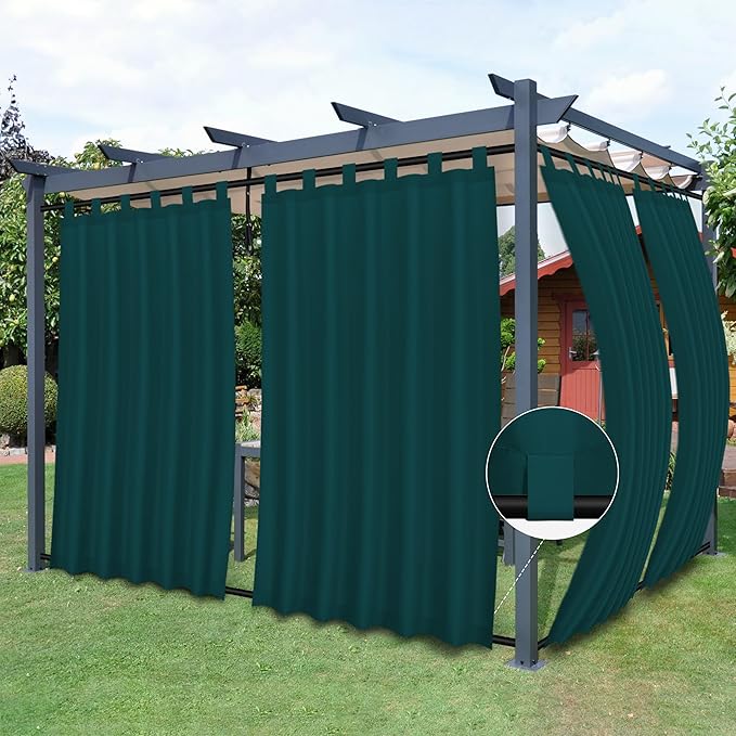 Easy-Going Outdoor Patio Curtains Detachable Tab Top Windproof Weatherproof Curtain for Cabana, Porch, Pergola and Gazebo, Tab Bottom Drape, 2 Panels, 54W x 120L inch, Teal