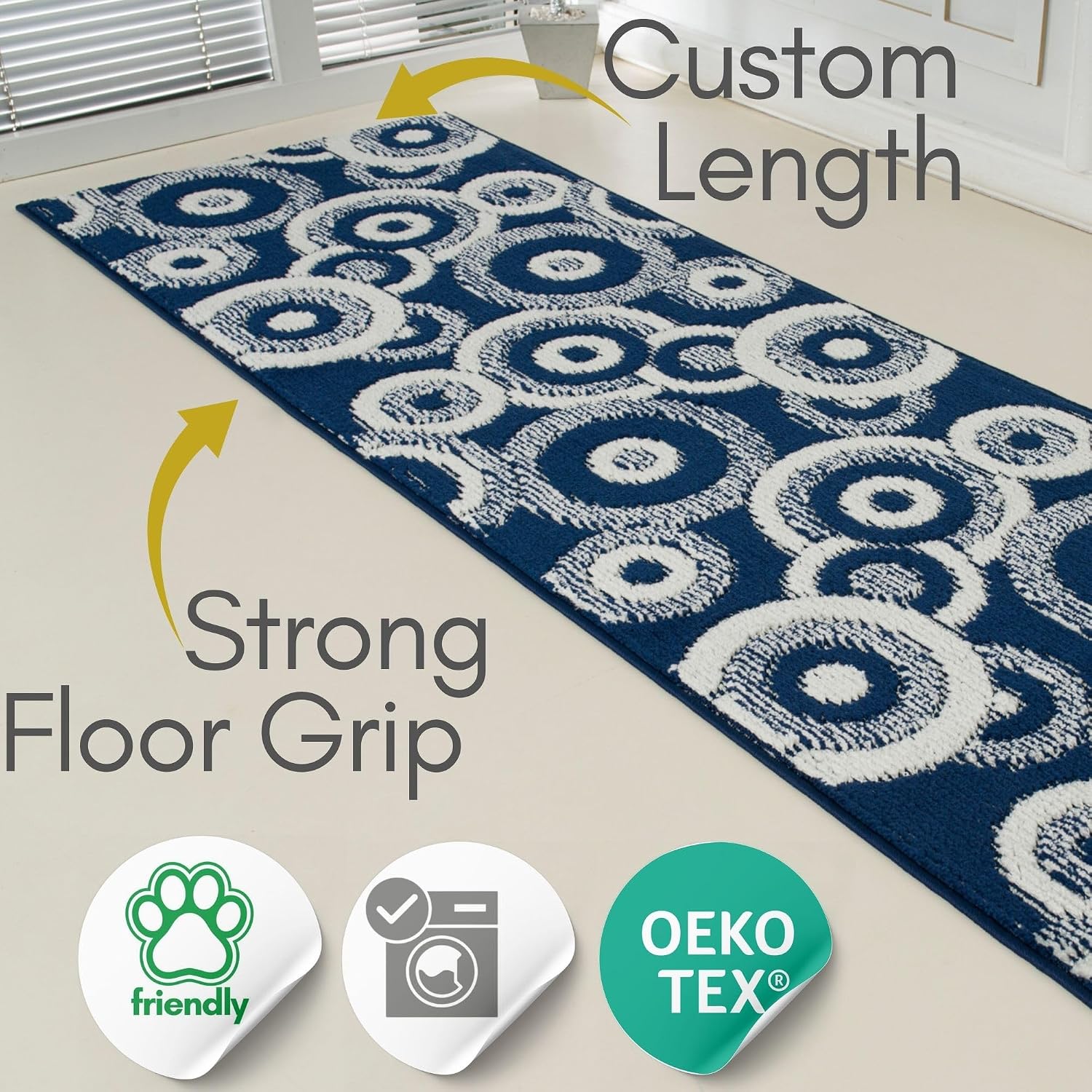 25 ft Extra Long Blue Hallway Runner Rug | Non-Slip & Machine Washable | Custom Cut to Size 2'3" x 25' (Runner) | REMNAZ