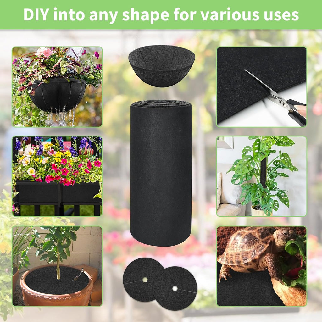 Riare 16x120 Inch Black Felt Planter Liner Roll- 2 Rolls Non-Woven Fabric Planter Liner for Outdoor Plants, Coco Liner Roll Alternative Basket Planter Liner for Planters Hanging Basket Window Box