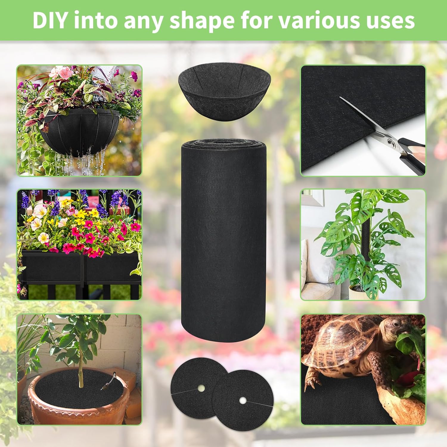 Riare 16x120 Inch Black Felt Planter Liner Roll- 2 Rolls Non-Woven Fabric Planter Liner for Outdoor Plants, Coco Liner Roll Alternative Basket Planter Liner for Planters Hanging Basket Window Box
