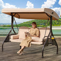 3 in 1 Outdoor Porch Swing with Adjustable Canopy, 3 Seat Outdoor Swing for Adults, Patio Swing Chair with Thickened Cushions,Pillows & Cup Holders for Backyard, Porch, Garden (Khaki)