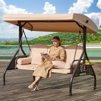 3 in 1 Outdoor Porch Swing with Adjustable Canopy, 3 Seat Outdoor Swing for Adults, Patio Swing Chair with Thickened Cushions,Pillows & Cup Holders for Backyard, Porch, Garden (Khaki)