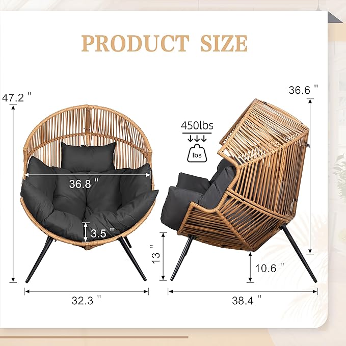 Vongrasig Outdoor Wicker Egg Chair PE Rattan Chair with Cushion, Oversized Patio Lounge Chair for Outdoor, Indoor, Balcony, Backyard, Garden, Black