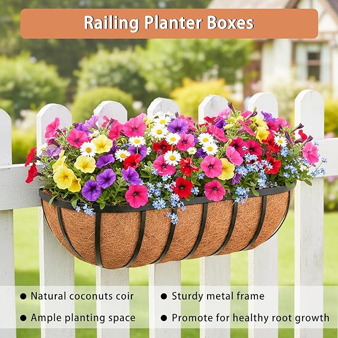 30'' Window Box Railing Planter with Coco Liner,2 Pack Horse Trough Planters Black Metal Hanging Flower Planters Basket for Porch Fence Patio Indoor Outdoor Lawn