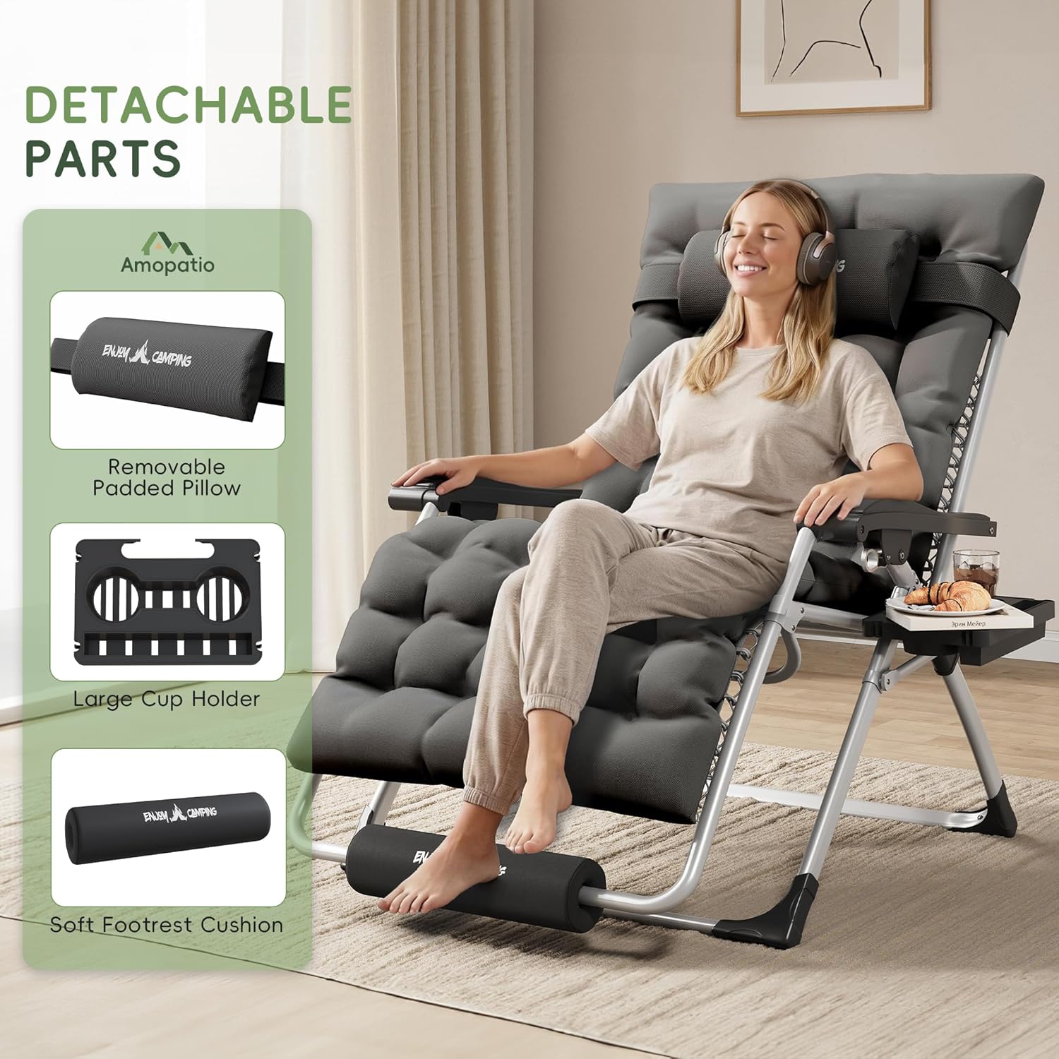 Oversized Zero Gravity Chair Folding Patio Reclining Padded Lounge Chairs | w/Removable Cushion & Headrest & Upgraded Lock & Footrest & Cup Holder Foldable Recliner for Indoor Outdoor,500LBS Capacity