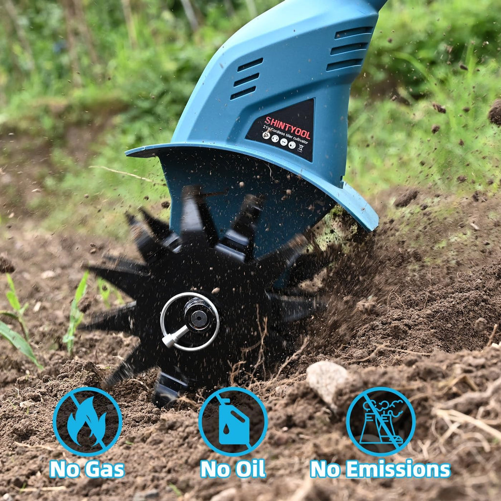 21v cordless tiller cultivator with 4.0 ah battery showing dimensions