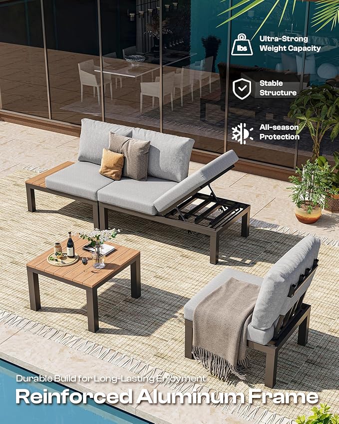 Aluminum Outdoor Patio Sofa Set, 2 Seats Modular Sectional Sofa with Side Table, Thick & Removable Cushions, All-Weather Outdoor Conversation Sets for Garden & Yard, Gray