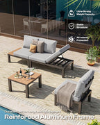 Aluminum Outdoor Patio Furniture Set, 4 Seats Modular Patio Sectional Sofa Set with Adjustable Backrest & Removable Cushions, All-Weather Outdoor Conversation Sets for Garden & Yard, Gray