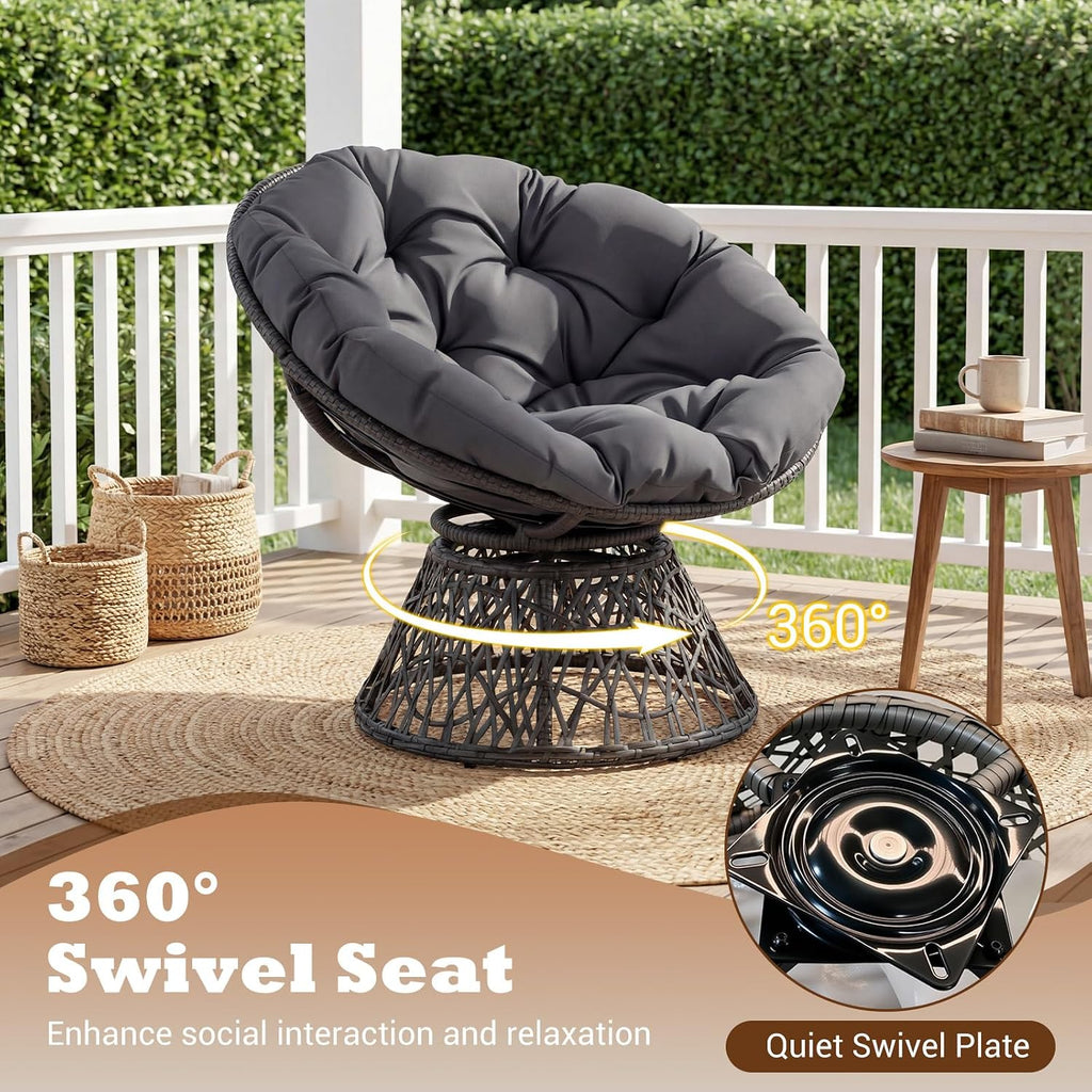Giantex Wicker Papasan Chair with Soft Thick Cushion and High Capacity Metal Frame, 360° Swivel Ergonomic Lounge Reading Chair for Living Room, Bedroom, Patio, Indoor Outdoor Use (Grey)