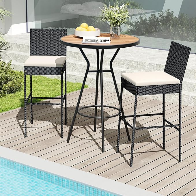 HAPPYGRILL Wicker Patio Barstools Set of 4, Outdoor Rattan Bar Chairs with Footrest & Backrest, Armless High Top Chairs with Seat Cushions for Backyard, Balcony
