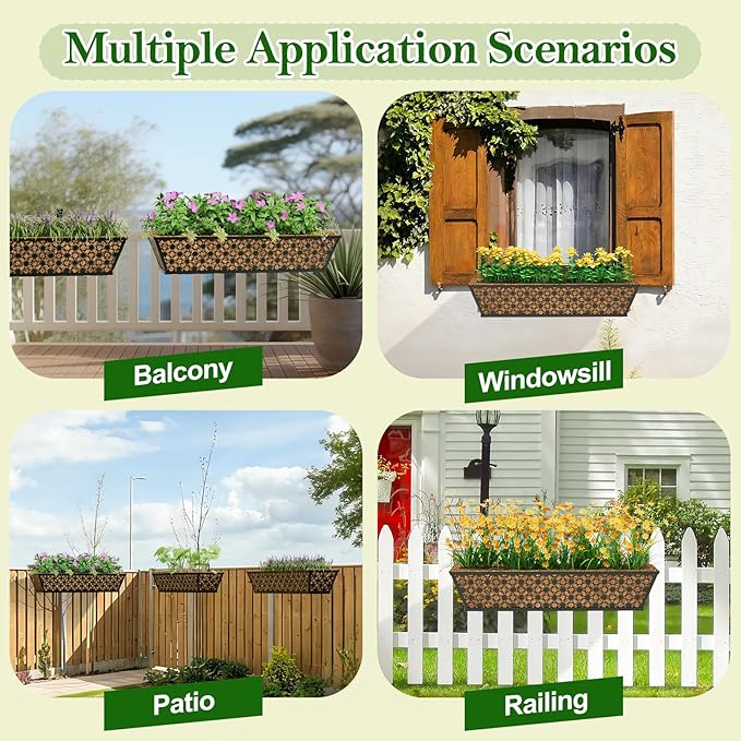 SPECILITE 24" Window Boxes Planters, Heavy Duty Metal Railing Planter Boxes, Adjustable Balcony Planters for Railing Hanging, with Coco Liner & Tool Set for Deck, Porch, and Patio Gardening (4 Pack)