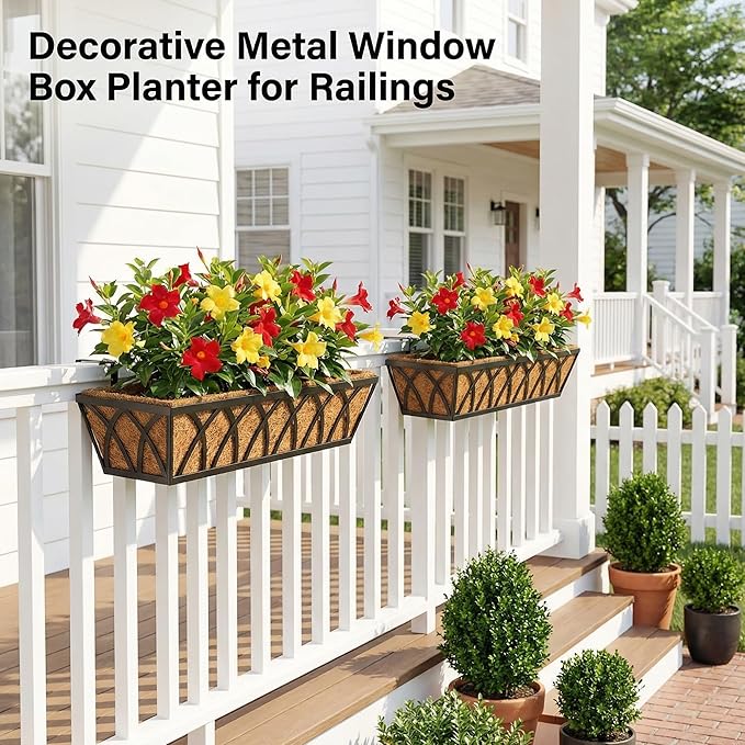 HFHOME 24 inch Window Deck Rail Planter Including Coco Liner, 24" Dia Window Box Horse Trough with Coconut Coir Liners, Black Metal Hanging Flower Planter Basket for Indoor Outdoor Lawn - Set of 2