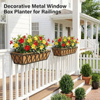 HFHOME 24 inch Window Deck Rail Planter Including Coco Liner, 24" Dia Window Box Horse Trough with Coconut Coir Liners, Black Metal Hanging Flower Planter Basket for Indoor Outdoor Lawn - Set of 2