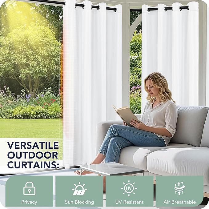 Patio Curtains Outdoor Waterproof 6 Panels - Windproof, Privacy, Weatherproof Outside Drapes for Gazebo Pergola Porch, Grommet Top and Tab Bottom, 54x95 Inch, White