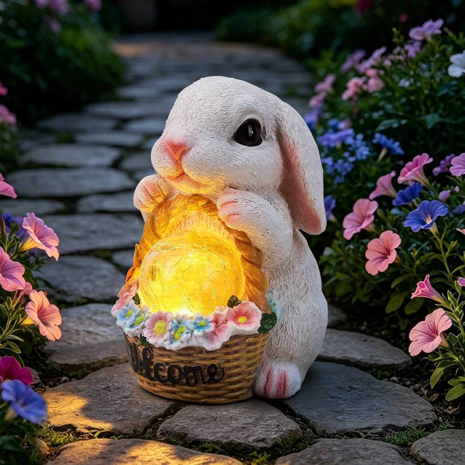 Solar Rabbit Garden Decor Statue, Rabbit Figurines with LED Light, Hand-Painted Resin,IP65 Waterproof for Patio, Lawn & Yard Decorations, Unique Mothers Day Gifts for Mom Women