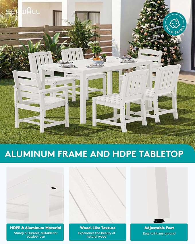 SERWALL 9-Piece Outdoor Dining Set, 60" - 83" Expandable Outdoor Dining Table and 8 HDPE Chairs, All Weather HDPE Outdoor Furniture Set for Backyard, Garden, White
