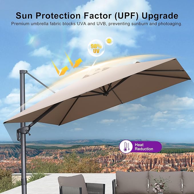 PURPLE LEAF 9' X 11.5' Rectangle Cantilever Umbrella with Base Outdoor Large Aluminum Patio Umbrella with 3-Year Fade Resistance Recycled Fabric and 360-degree Rotation for Deck Pool Garden, Sand Dune