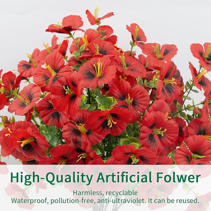 12 Bundles Artificial Pansy Flowers for Outdoor, Faux Silk Pansies Spring Flowers Outside for Planter Front Door Porch Patio Yard Window Box Home Decor (Red)