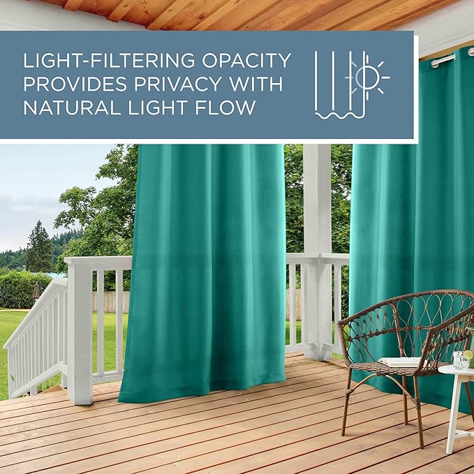 TOWN & COUNTRY BASICS Cabana Solid Heavyweight Indoor Outdoor Curtains, Light Filtering Opacity with Grommet Top, Water Repellent, 2-Pack Set, 54"x84", Teal