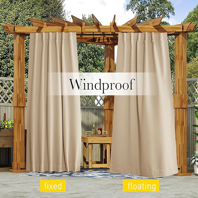 NICETOWN 2 Panels Outdoor Curtains for Patio Waterproof, Top & Bottom Fixed Waterproof Outdoor Drapes with Free Rope, Privacy Sun Blocking Shades for Gazebo, Pergolas, Biscotti Beige, W52 x L84