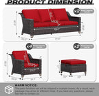 Joyside Wicker Patio Furniture Sets, 7 Pieces Upgraded Large Size Outdoor Furniture with 4 Swivel Rocking Patio Chairs, 3-Seat Sofa, Outdoor Ottoman, Thick Cushions, Wide Armrest, Red
