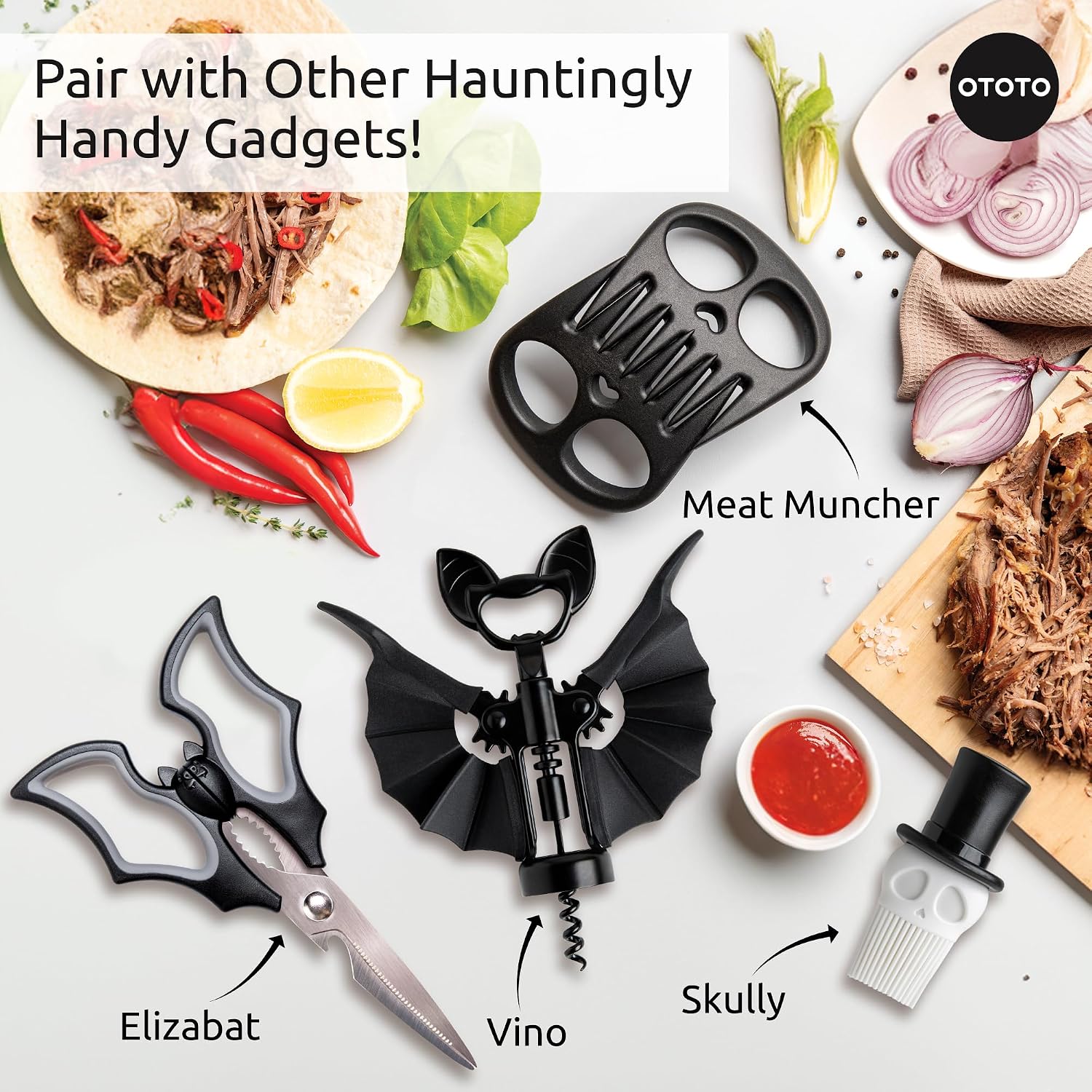 OTOTO New Meat Muncher Meat Claws - Meat Shredder Claws, BBQ Accessories, Grilling Gifts for Men, Halloween Goth Accessories, Spooky Skull Shredder for Goth Kitchen, Heat Resistant Claws (Black)