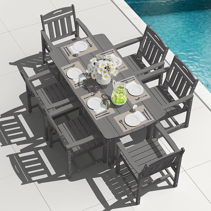 Outdoor Rectangle Dining Table, Heavy-Duty HDPE Table for 6, Weatherproof Patio Table with Umbrella Hole, Rounded Corners for Safety, Grey