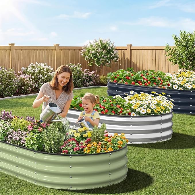 Kesfitt Raised Garden Bed, 6x3x1 FT Galvanized Steel Metal Raised Garden Bed, Oval Open-Bottom Design, 12-Inch Deep for Outdoor Vegetable & Herb Gardening, Fruit Green